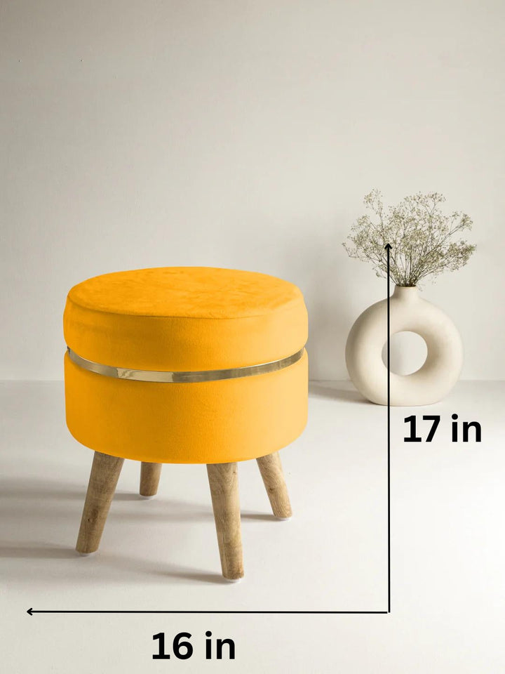 Suede Yellow Stool With Golden Ring & Wood Legs
