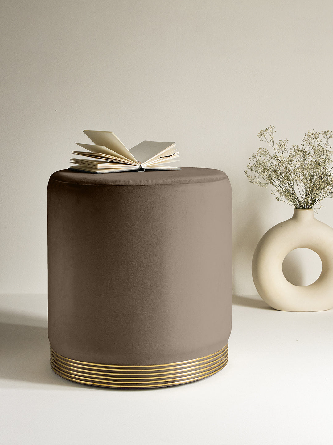 Suede Fossil Brown Stool With Gold Rings