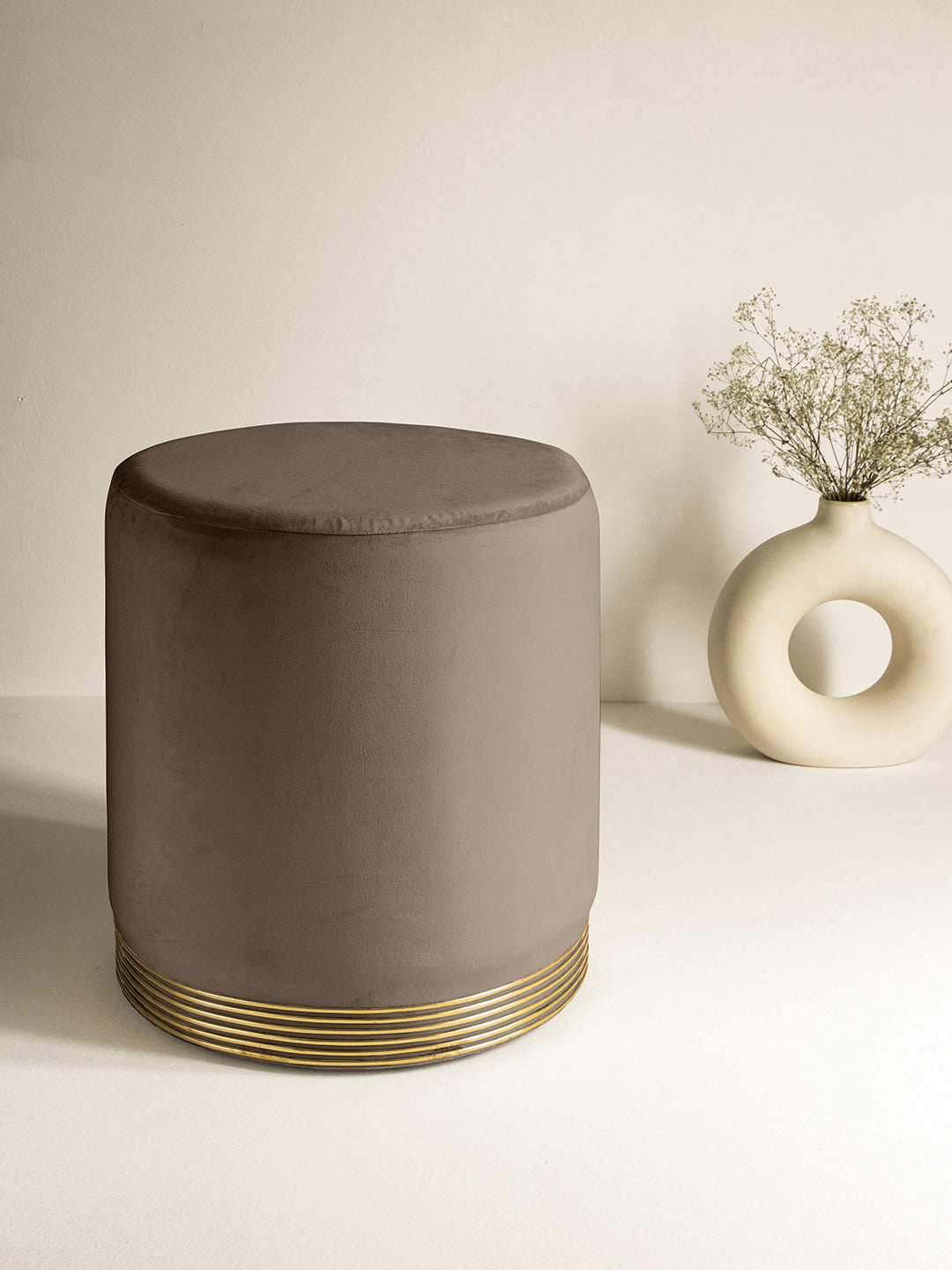 Suede Fossil Brown Stool With Gold Rings