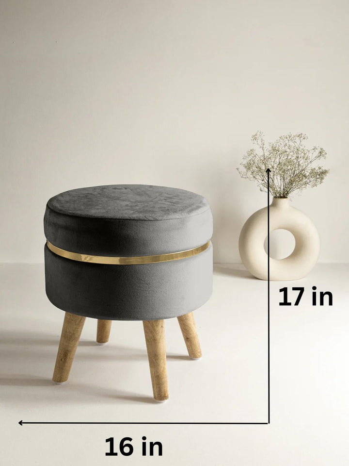 Suede Grey Stool With Golden Ring & Wood Legs