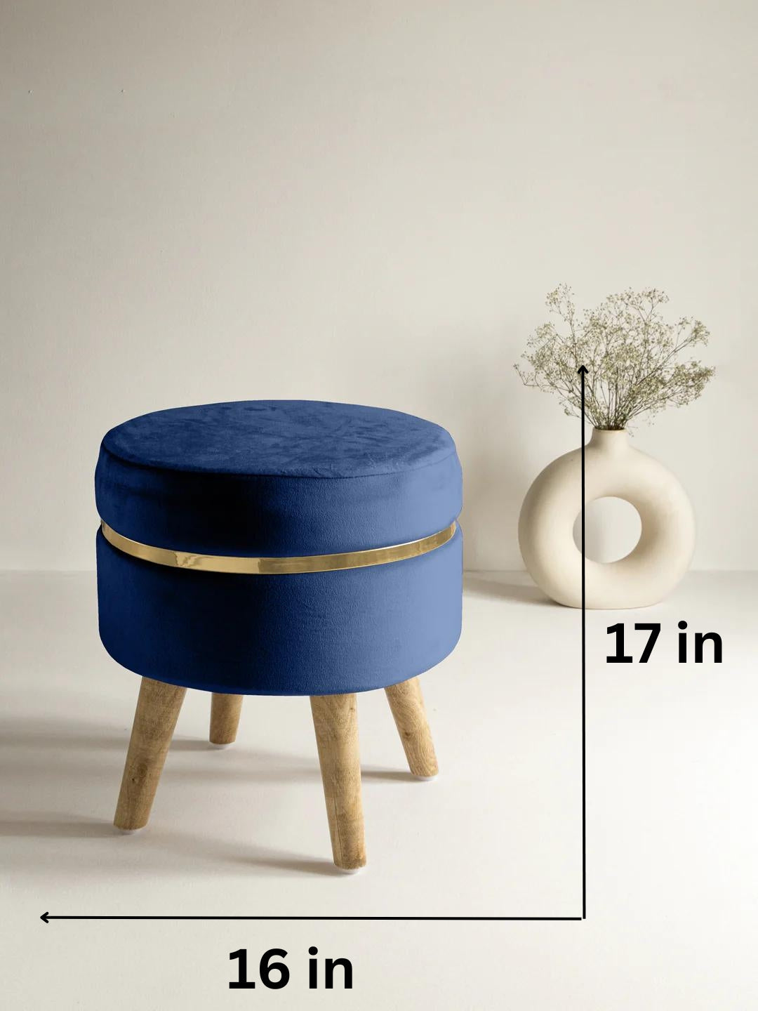 Suede Blue Stool With Golden Ring & Wood Legs