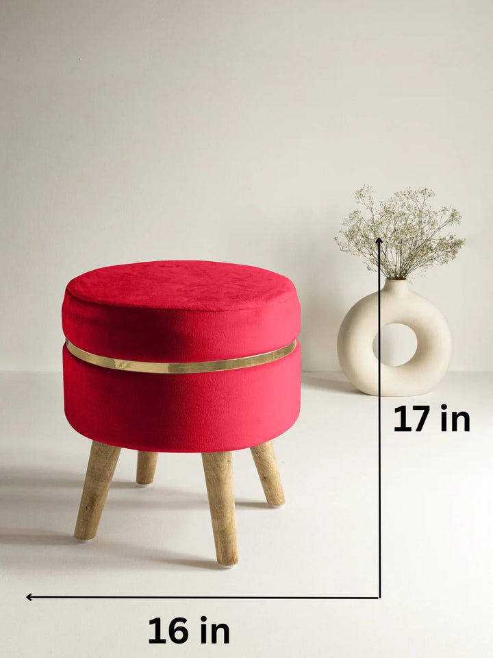 Suede Crismon Red Stool With Golden Ring & Wood Legs
