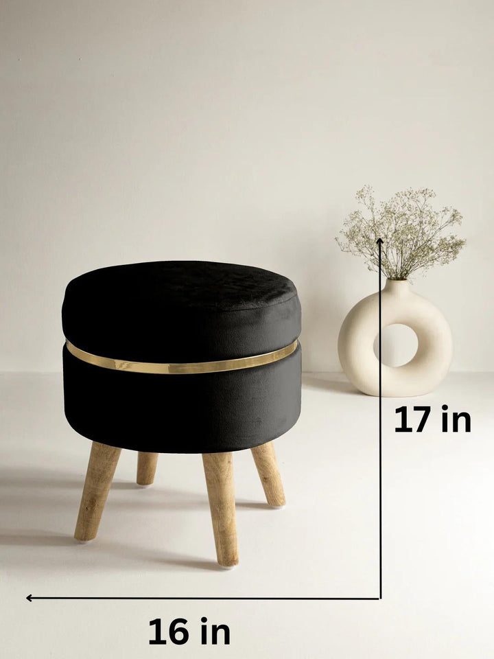Suede Midnight Black Stool With Golden Ring & Wood Legs