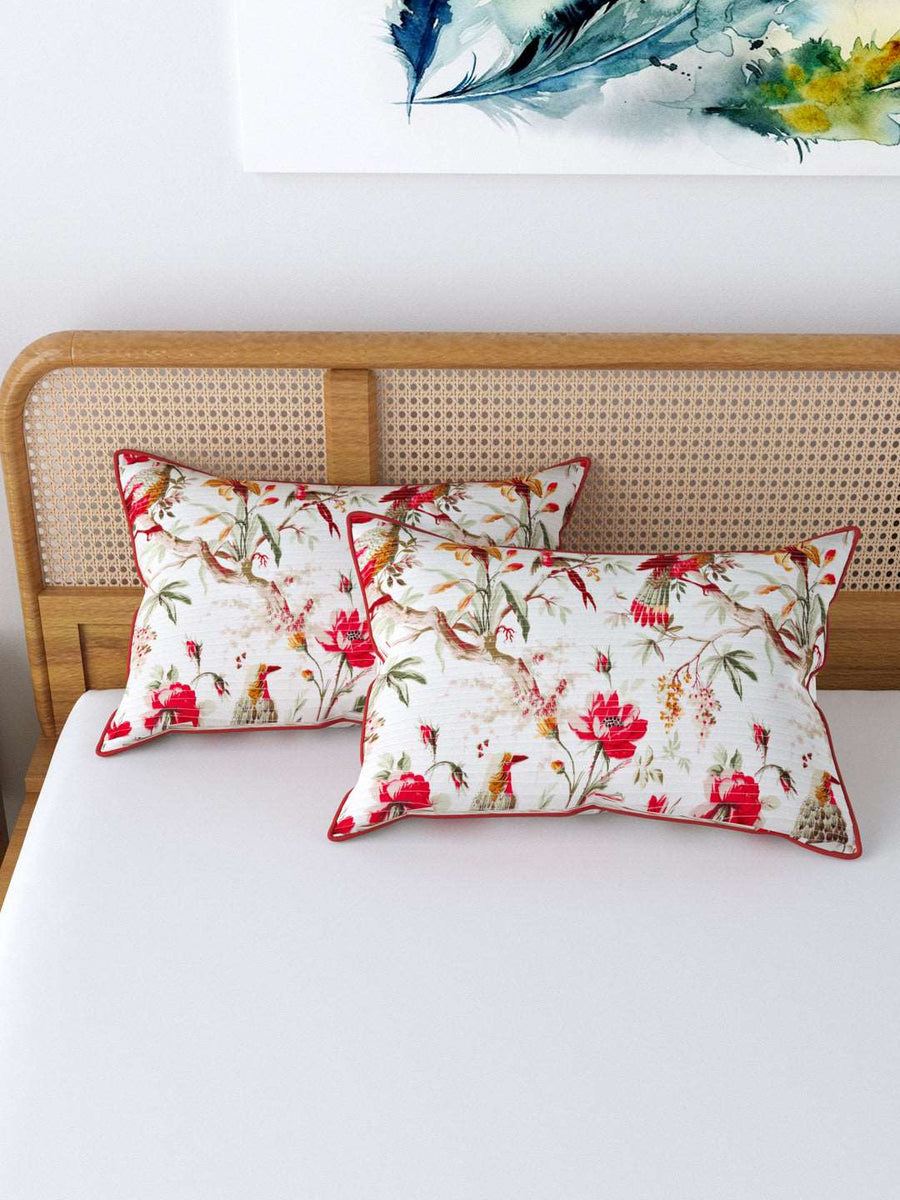 250 TC Cotton Pillow Covers With Piping; Set of 2; Floral & Bird Print