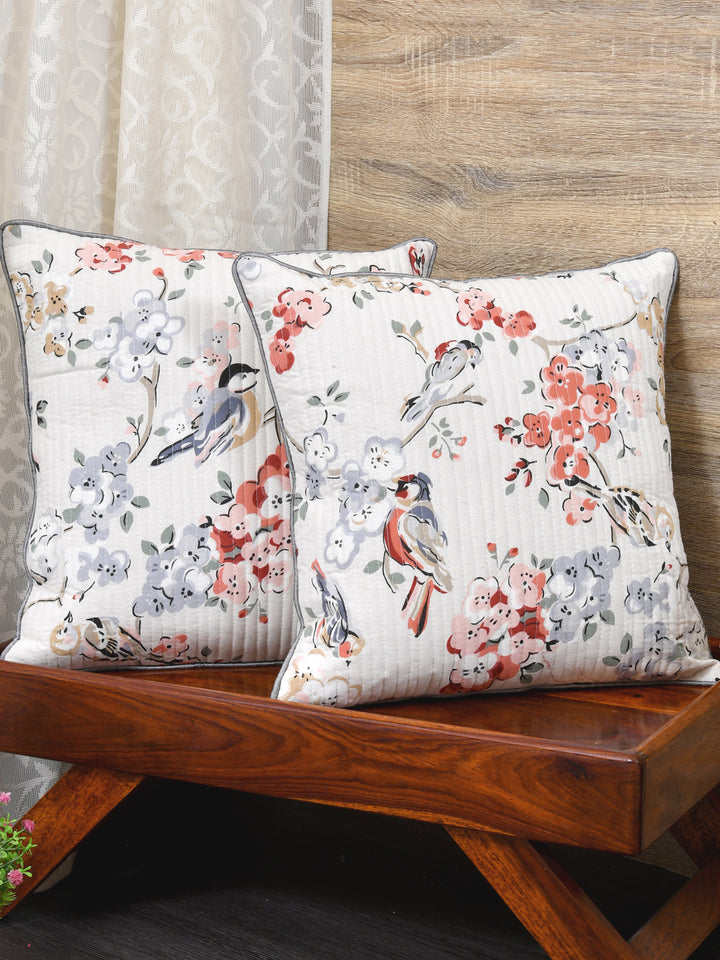 Cushion Covers Set of 2; Grey Flowers & Birds