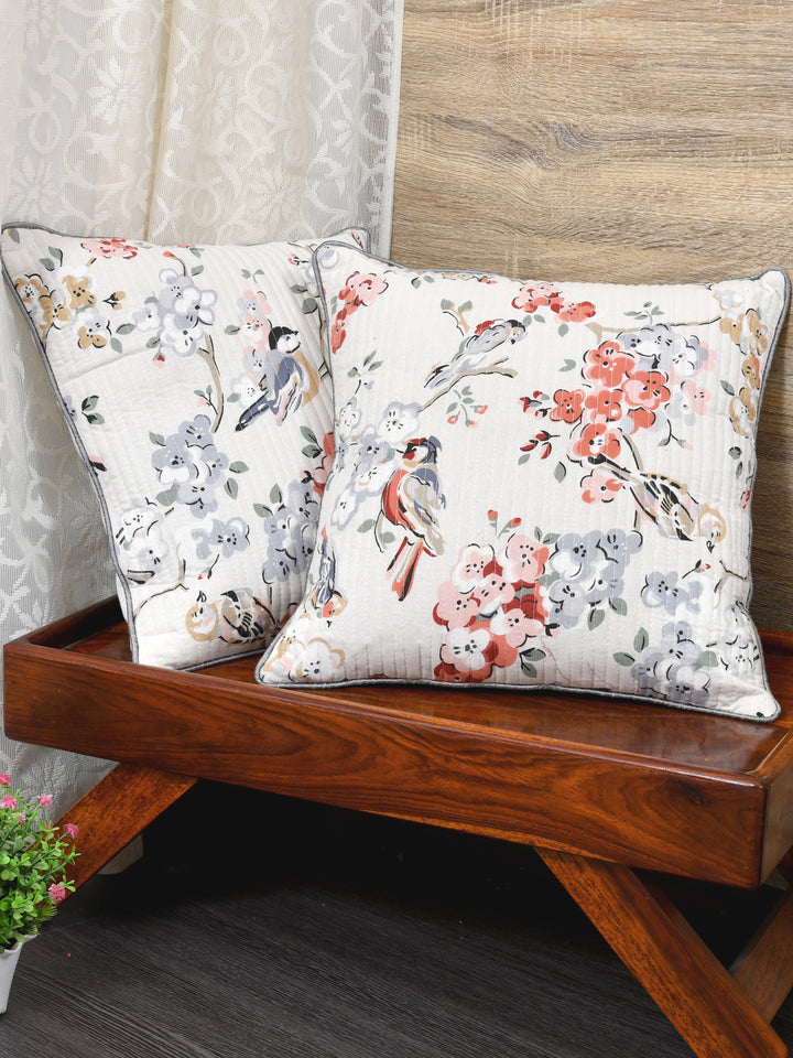 Cushion Covers Set of 2; Grey Flowers & Birds