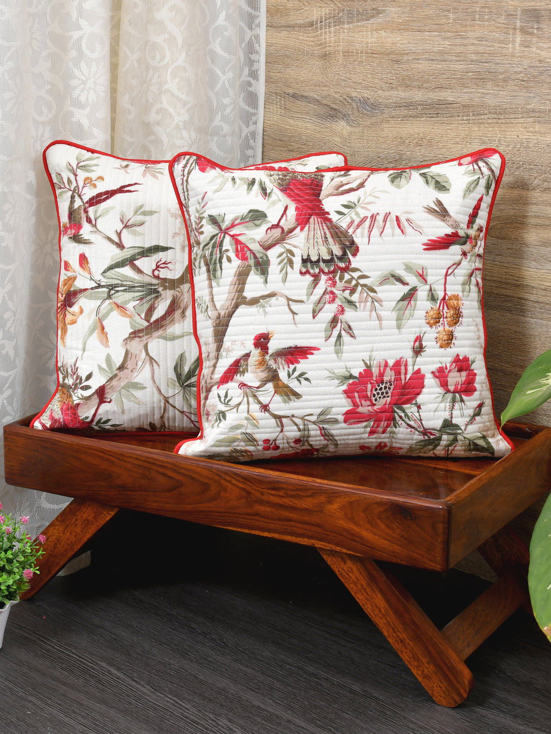 Cushion Covers Set of 2; Red Flowers & Birds