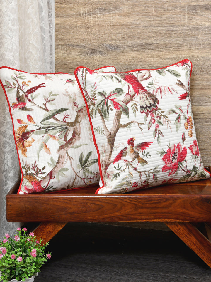 Cushion Covers Set of 2; Red Flowers & Birds