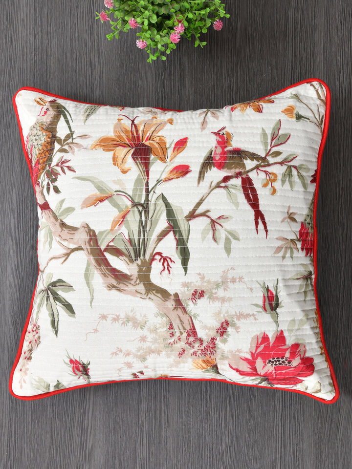 Cushion Covers Set of 2; Red Flowers & Birds