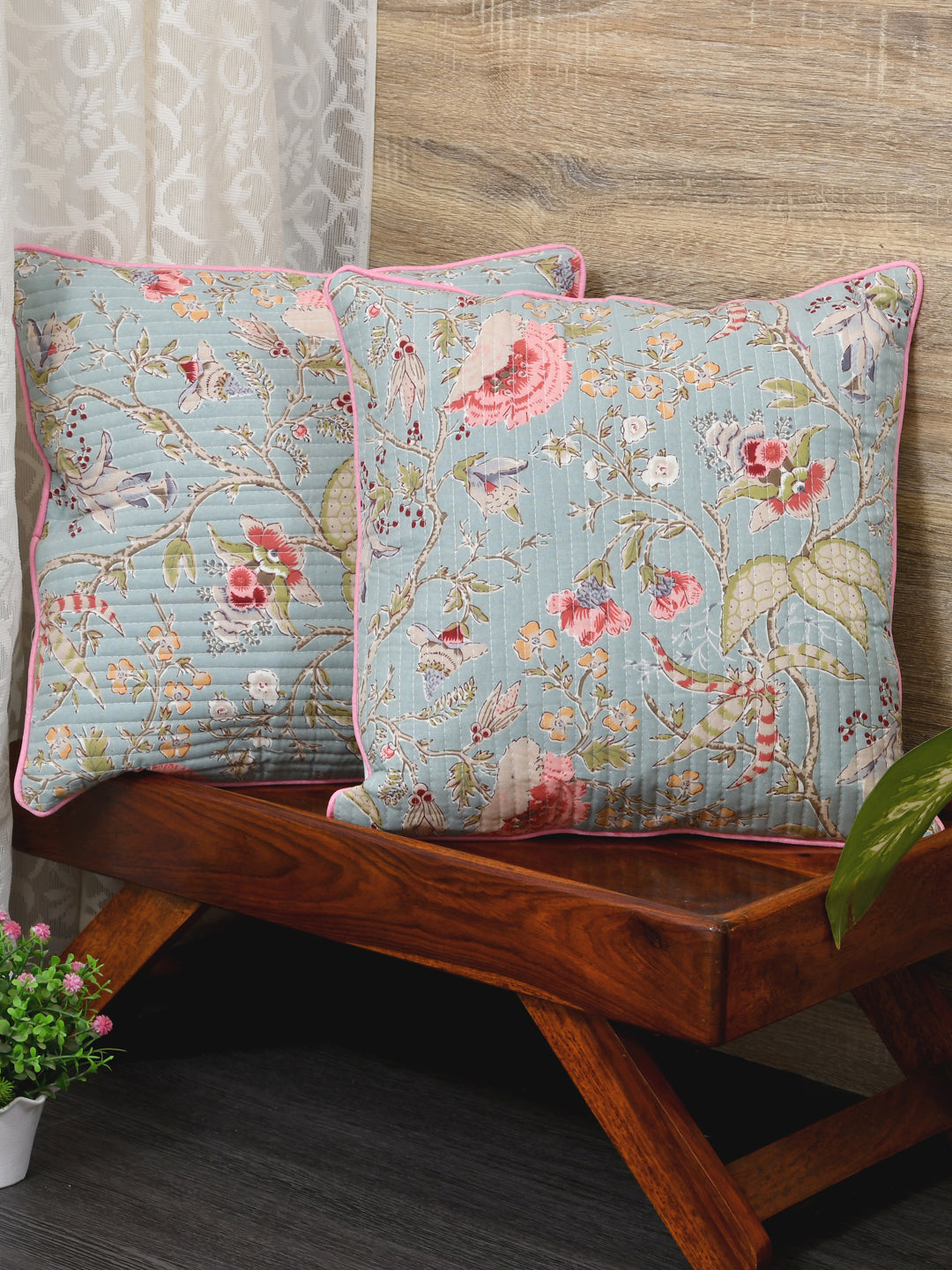 Cushion Covers Set of 2; Light Orange Flowers