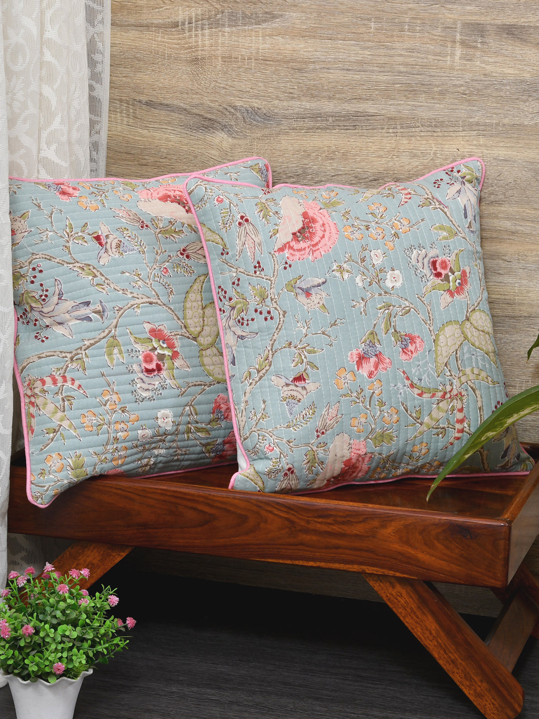 Cushion Covers Set of 2; Light Orange Flowers