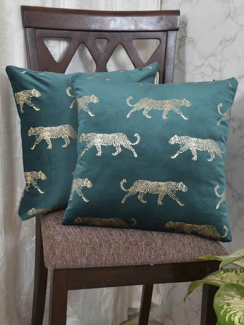 Velvet Cushion Covers; Set of 2; Leopard On Green