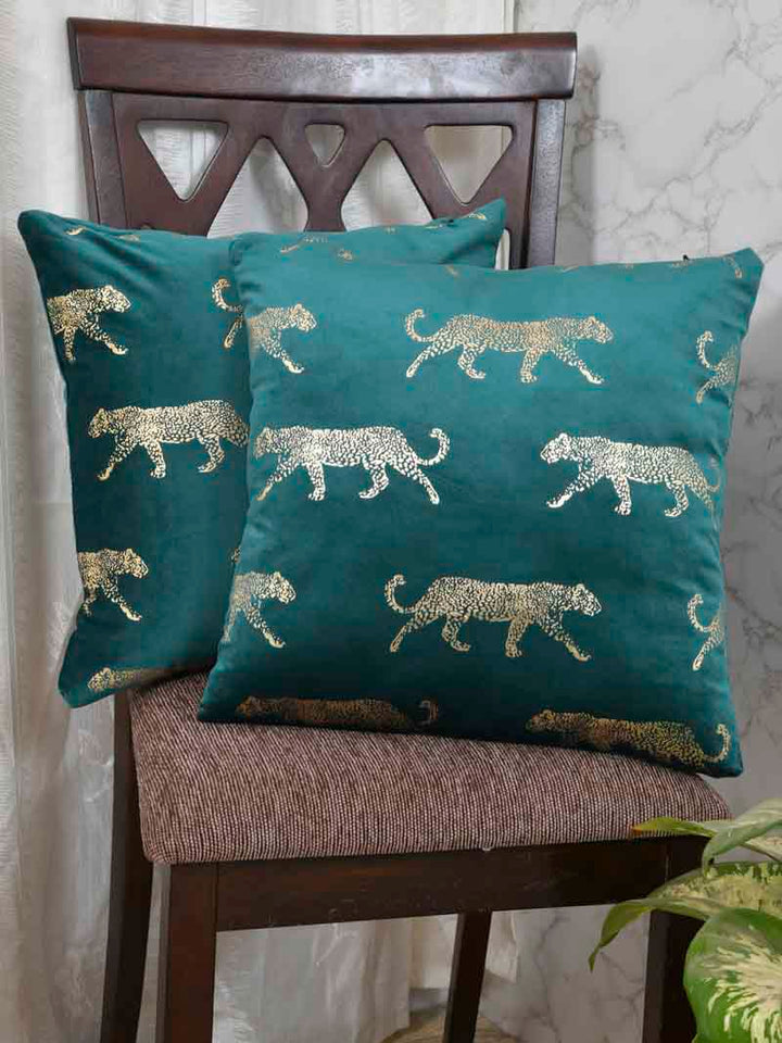 Velvet Cushion Covers; Set of 2; Leopard On Green
