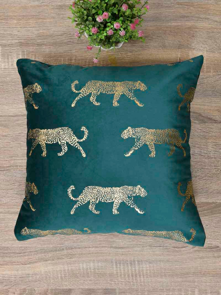Velvet Cushion Covers; Set of 2; Leopard On Green