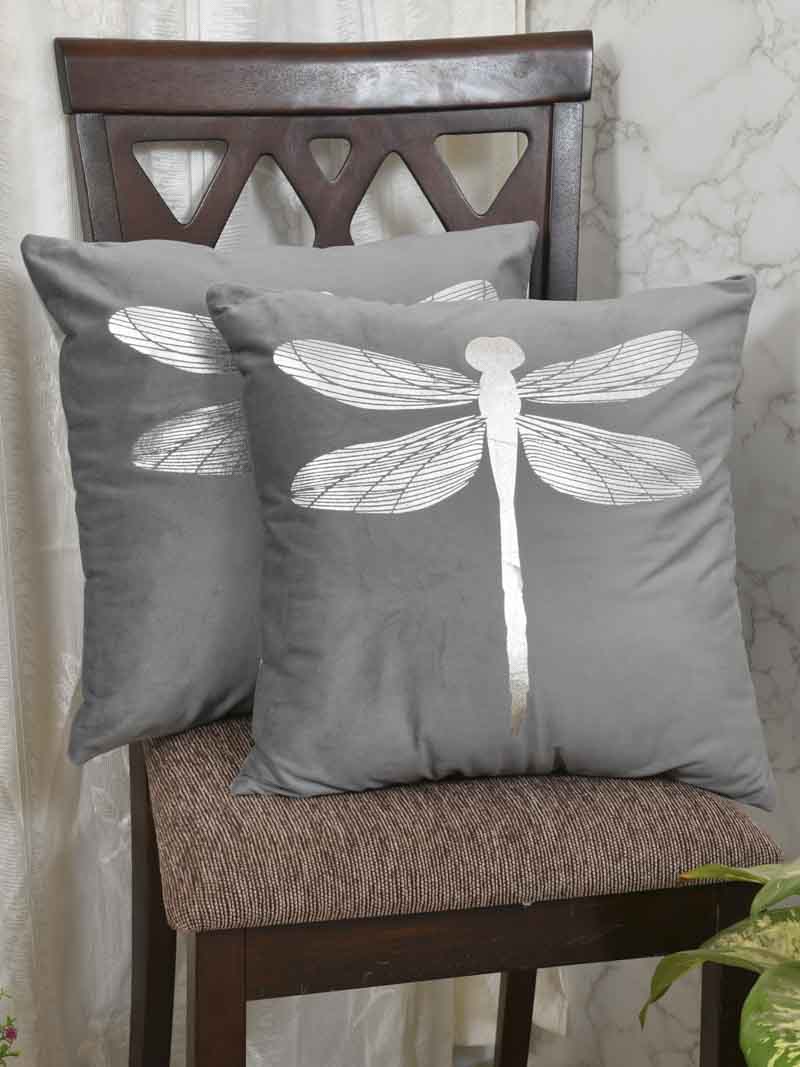 Velvet Cushion Covers; Set of 2; Butterfly On Grey