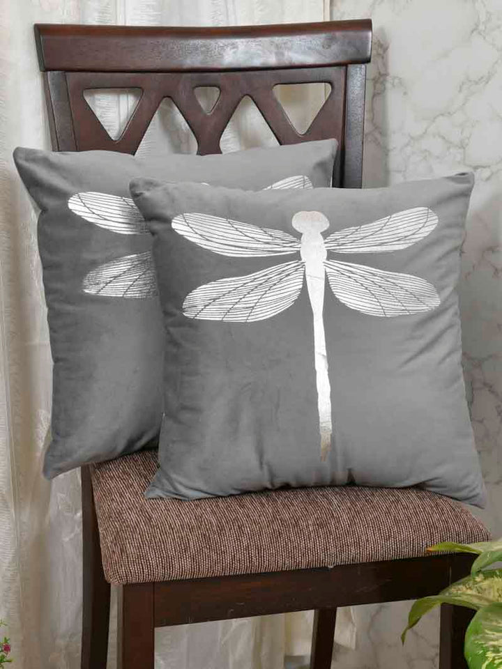 Velvet Cushion Covers; Set of 2; Butterfly On Grey