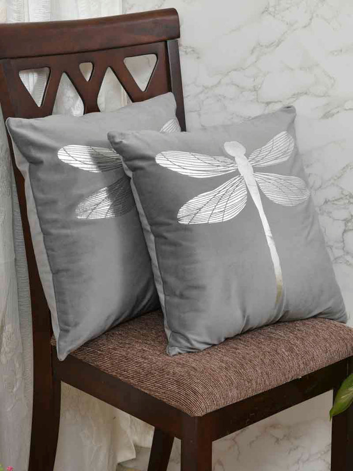 Velvet Cushion Covers; Set of 2; Butterfly On Grey