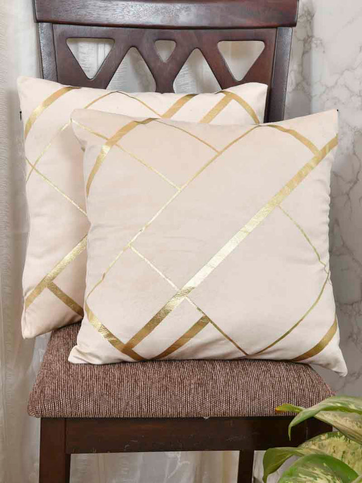 Velvet Cushion Covers; Set of 2; Geometric On Cream