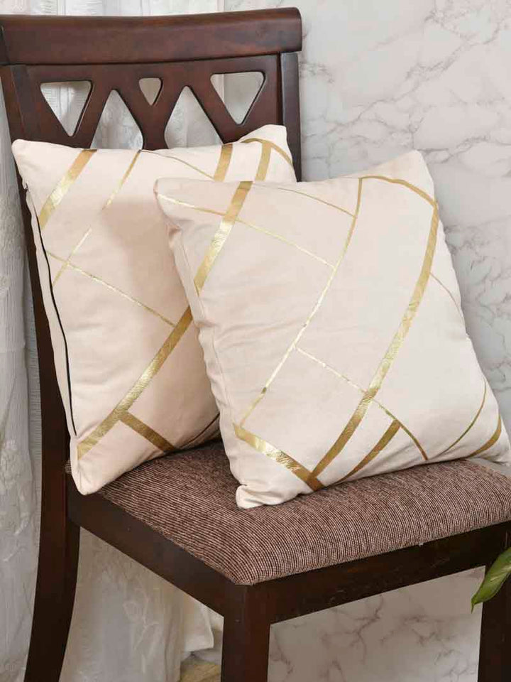 Velvet Cushion Covers; Set of 2; Geometric On Cream