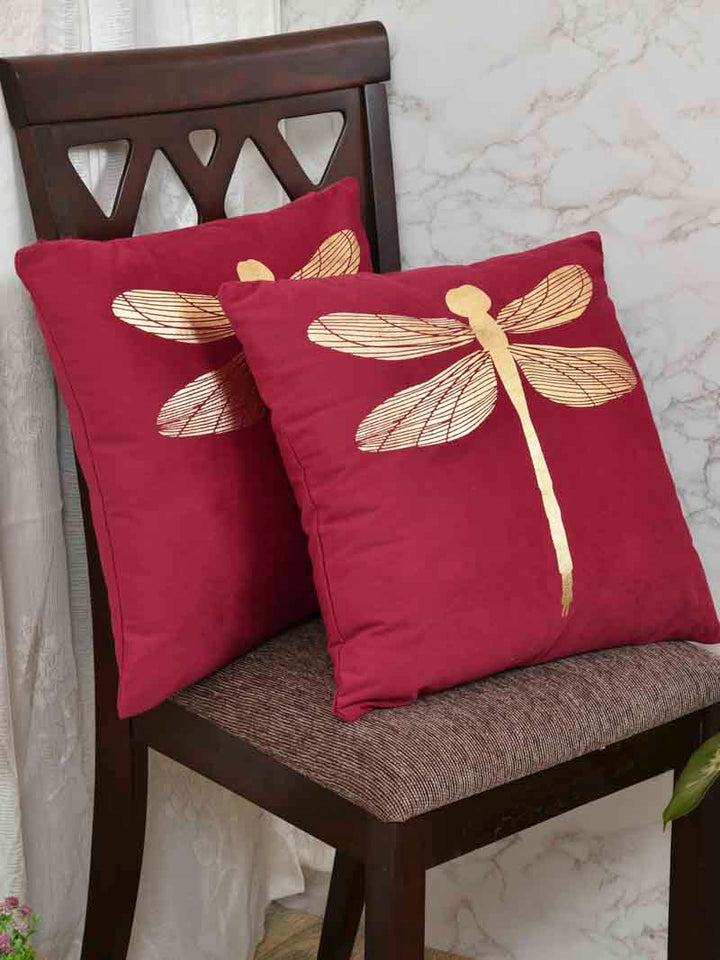 Velvet Cushion Covers; Set of 2; Butterfly On Red