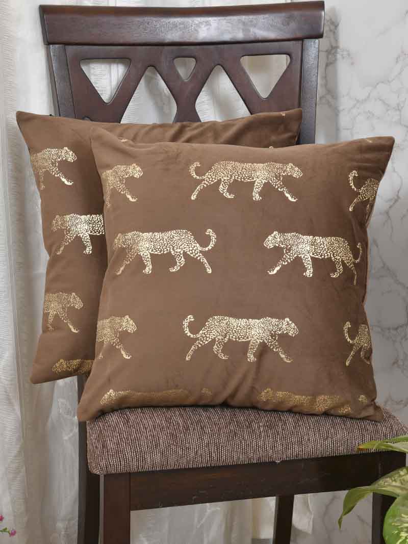 Velvet Cushion Covers; Set of 2; Leopard On Brown