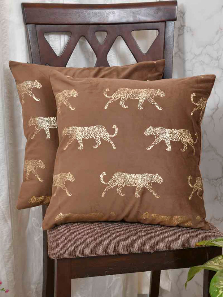 Velvet Cushion Covers; Set of 2; Leopard On Brown