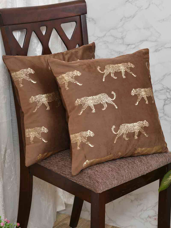 Velvet Cushion Covers; Set of 2; Leopard On Brown