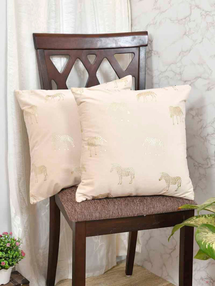 Velvet Cushion Covers; Set of 2; Zebra On Cream