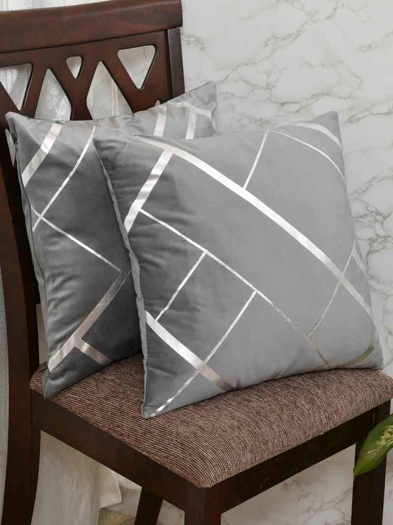 Velvet Cushion Covers; Set of 2; Geometric On Grey