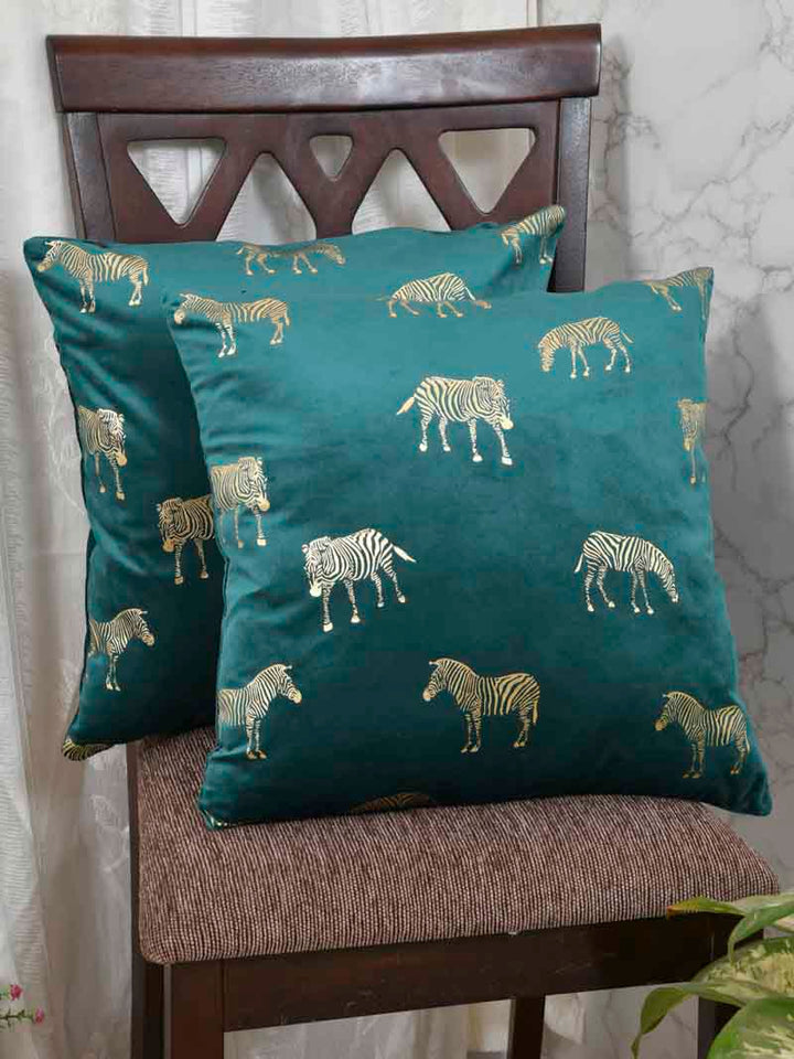 Velvet Cushion Covers; Set of 2; Zebra On Green