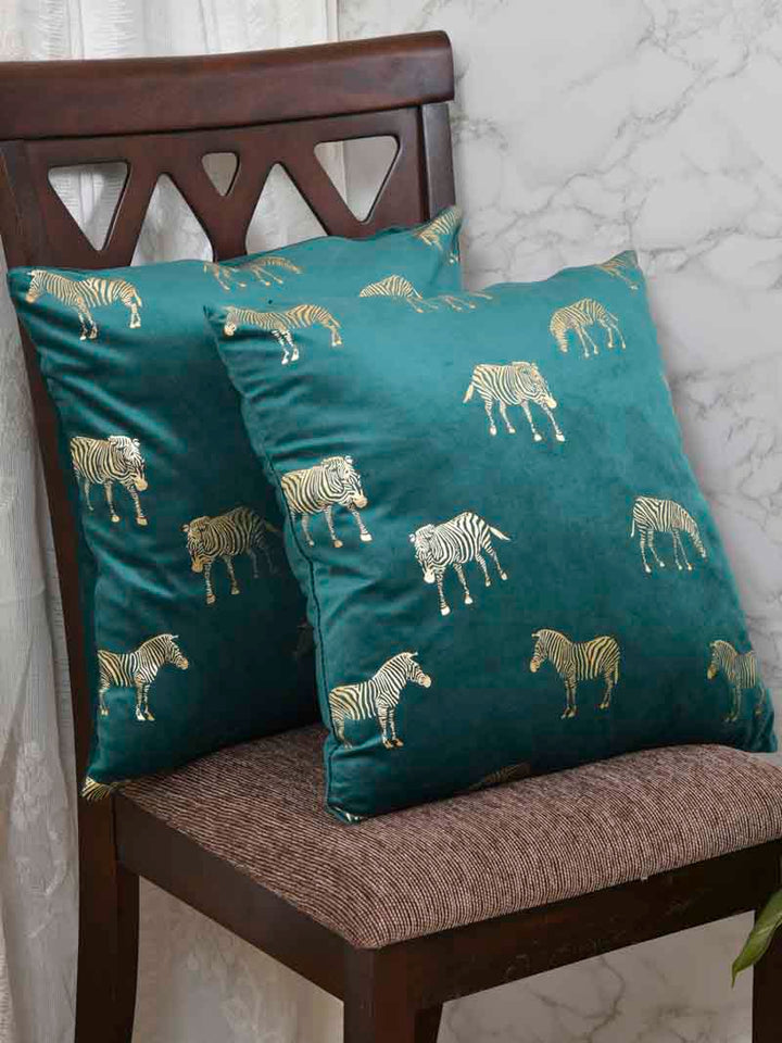 Velvet Cushion Covers; Set of 2; Zebra On Green