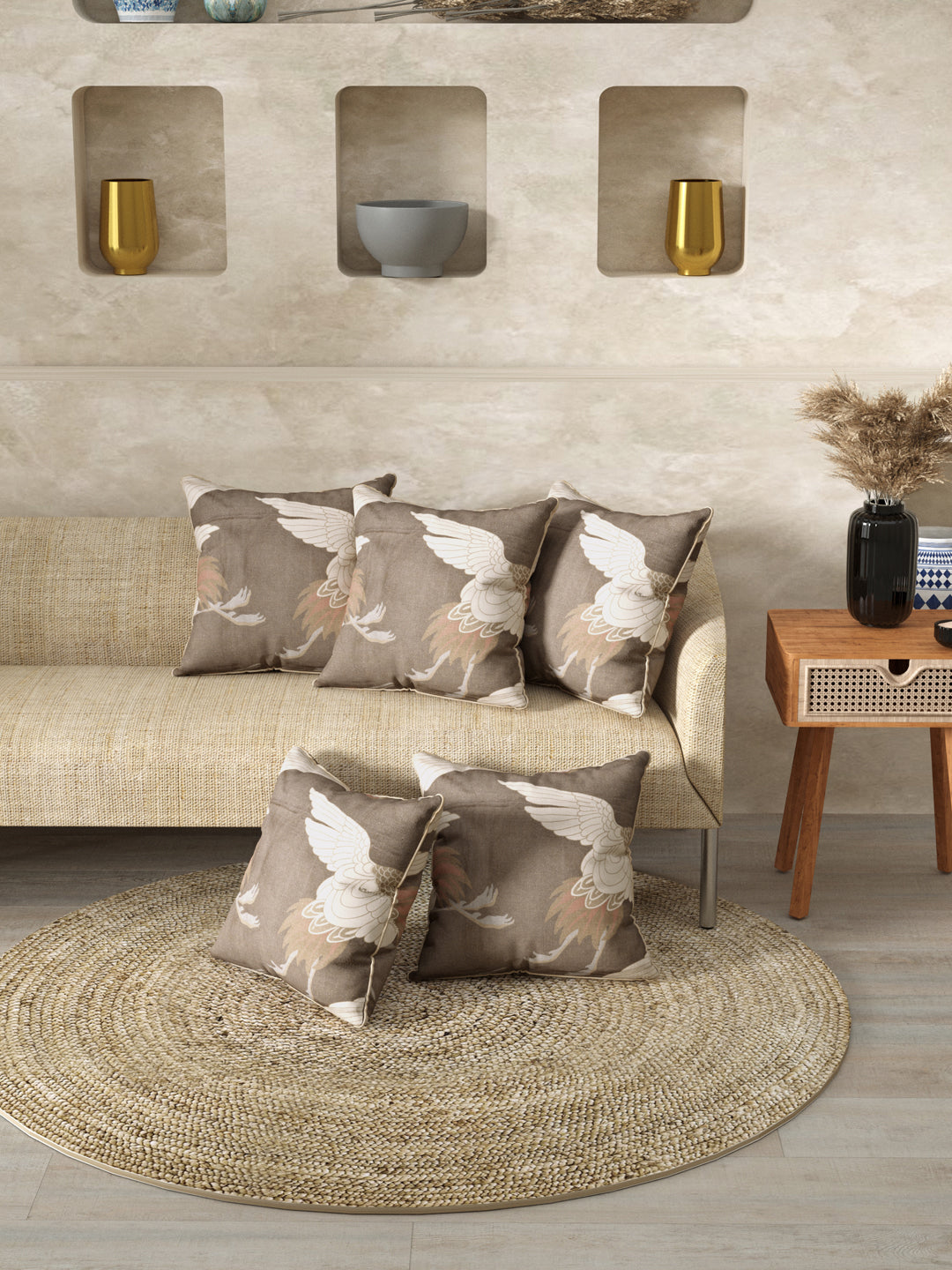 Cushion Cover Set Of 5; Bird On Brown