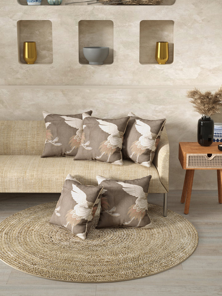Cushion Cover Set Of 5; Bird On Brown