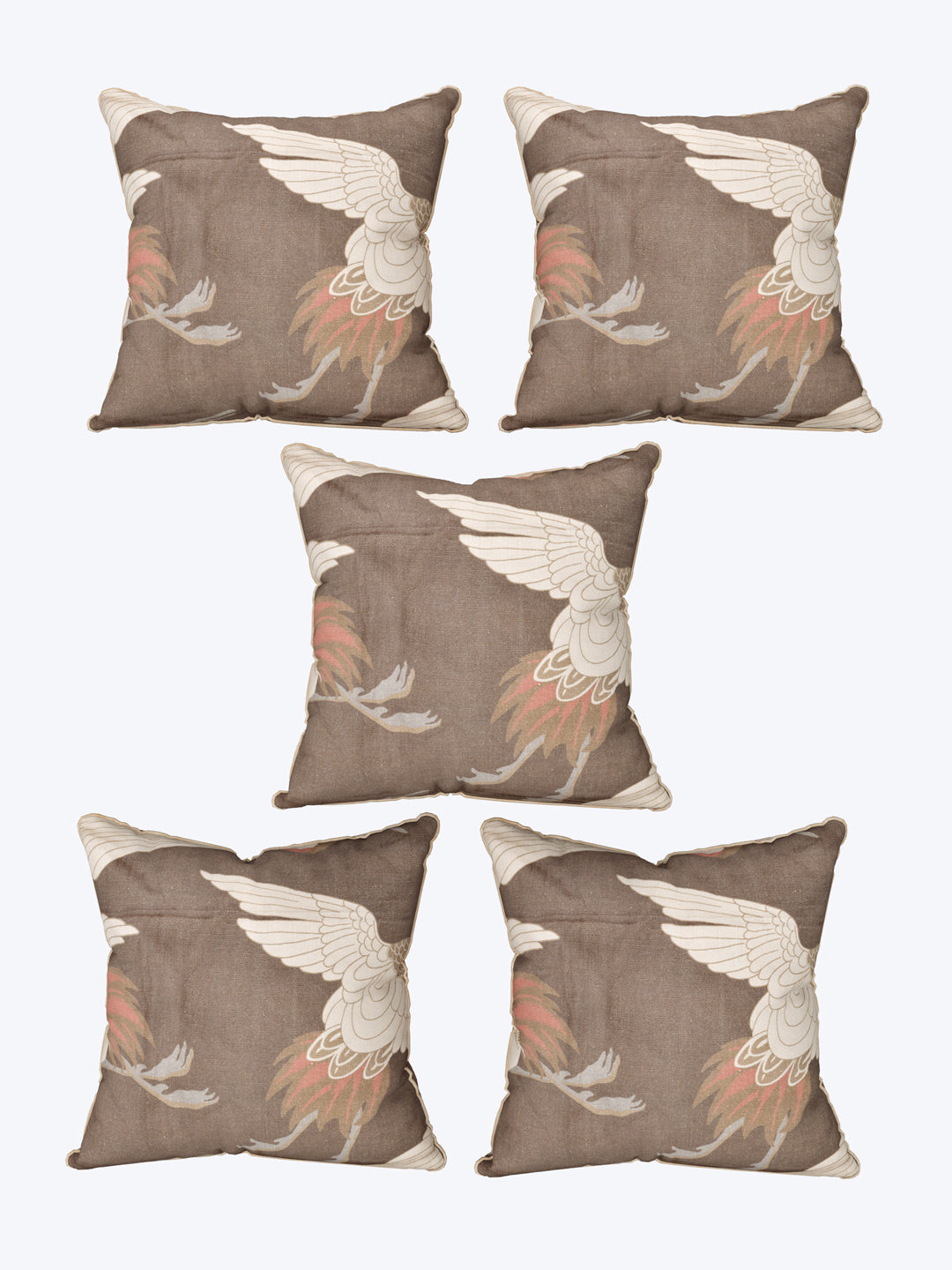 Cushion Cover Set Of 5; Bird On Brown