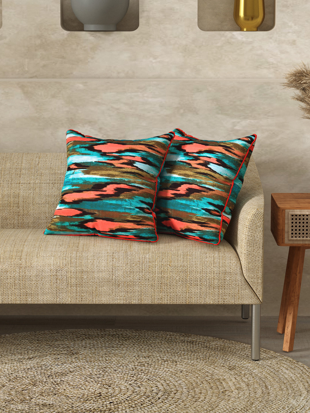 Cushion Covers Set of 2; Orange Aqua Abstract