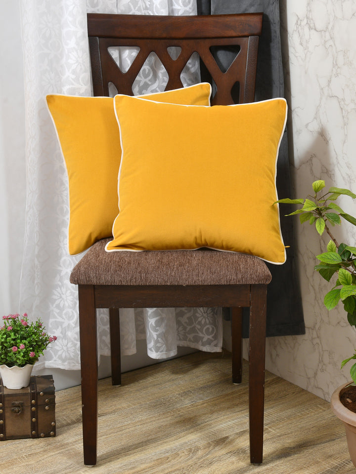 Velvet Cushion Covers; Set of 2; Amber Yellow With White Piping