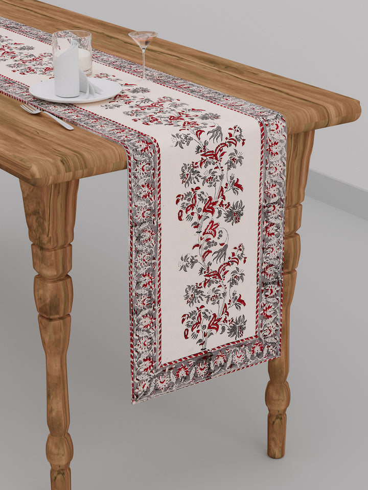 Table Runner; 13x70 Inches; Red Grey Leaves