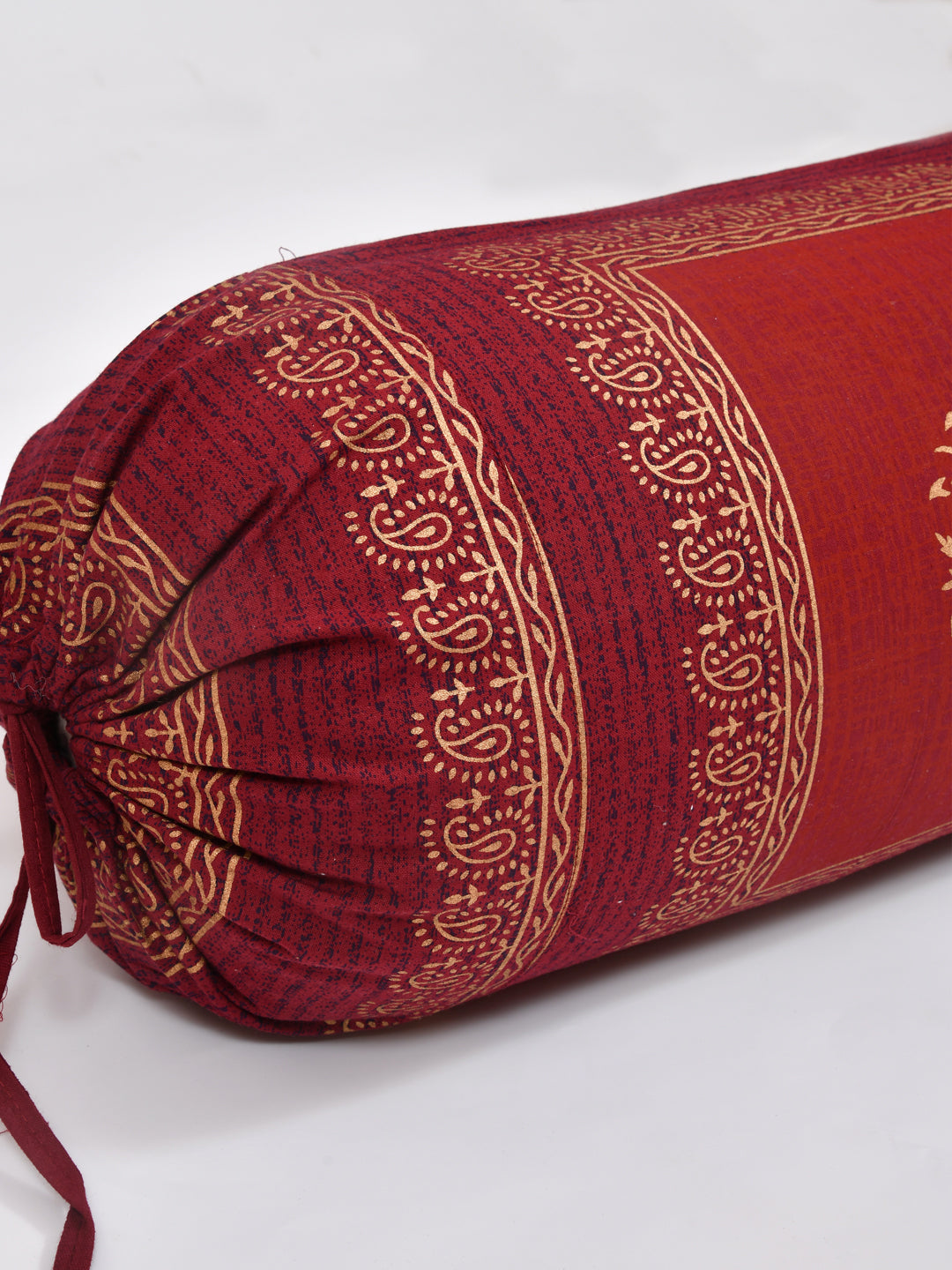 Cotton Bolster Covers; Set Of 2; 300 TC; Golden Motifs On Maroon Base