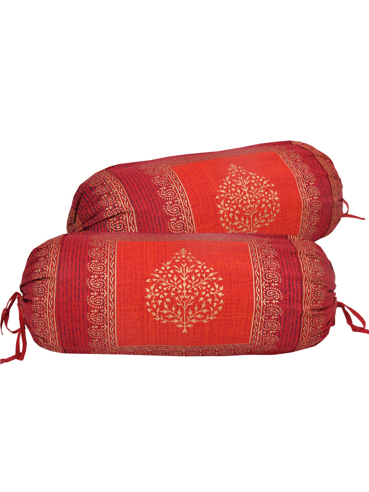 Cotton Bolster Covers; Set Of 2; 300 TC; Golden Motifs On Red Base