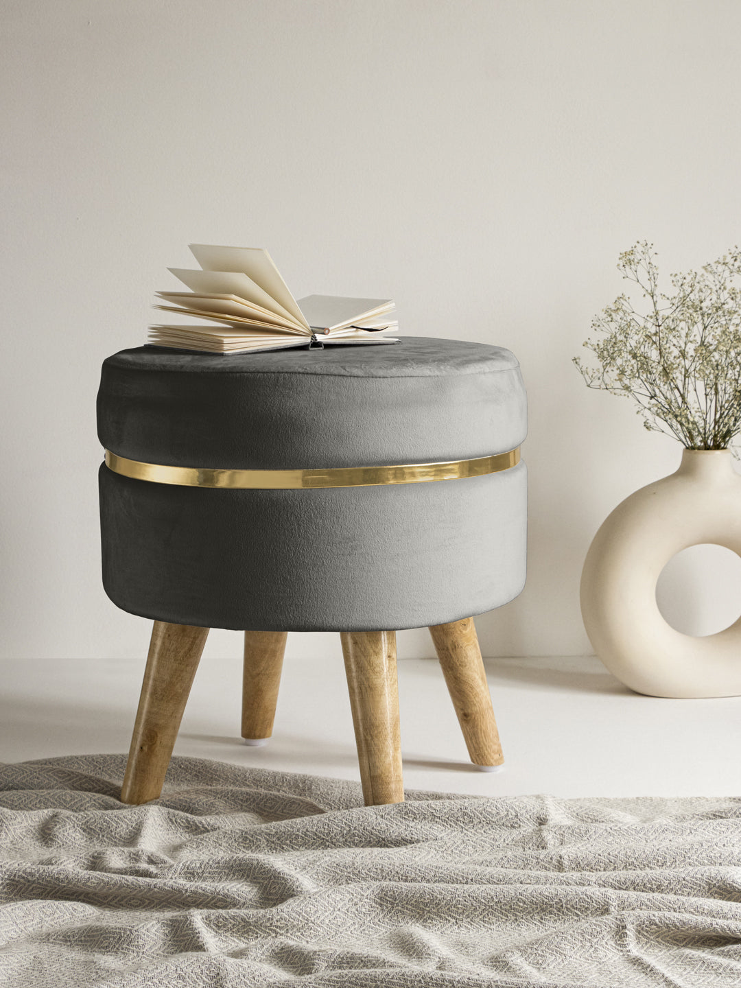Suede Grey Stool With Golden Ring & Wood Legs