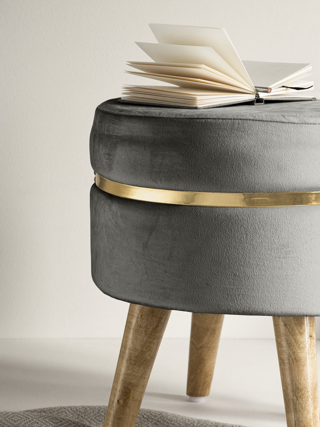 Suede Grey Stool With Golden Ring & Wood Legs