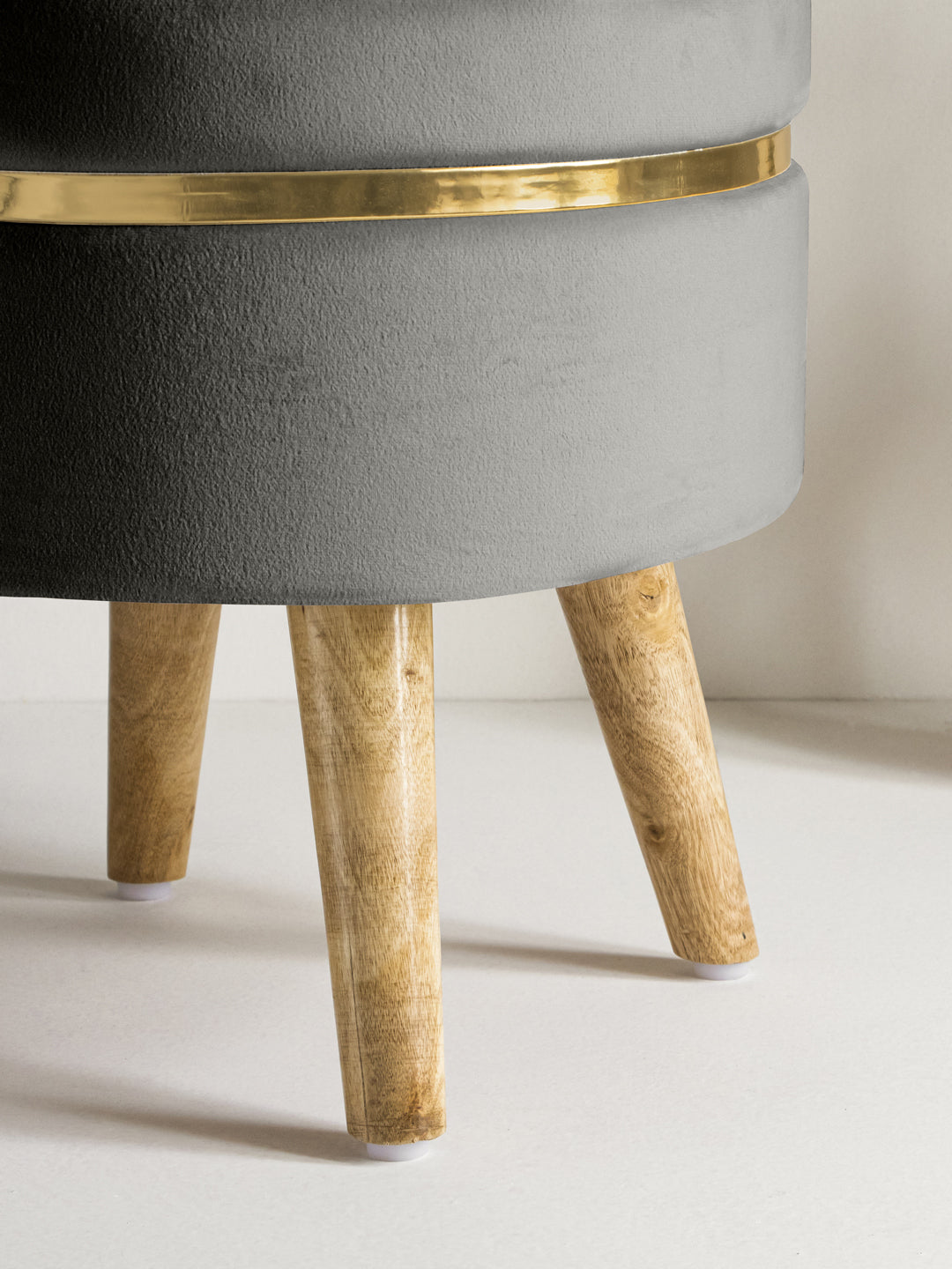 Suede Grey Stool With Golden Ring & Wood Legs