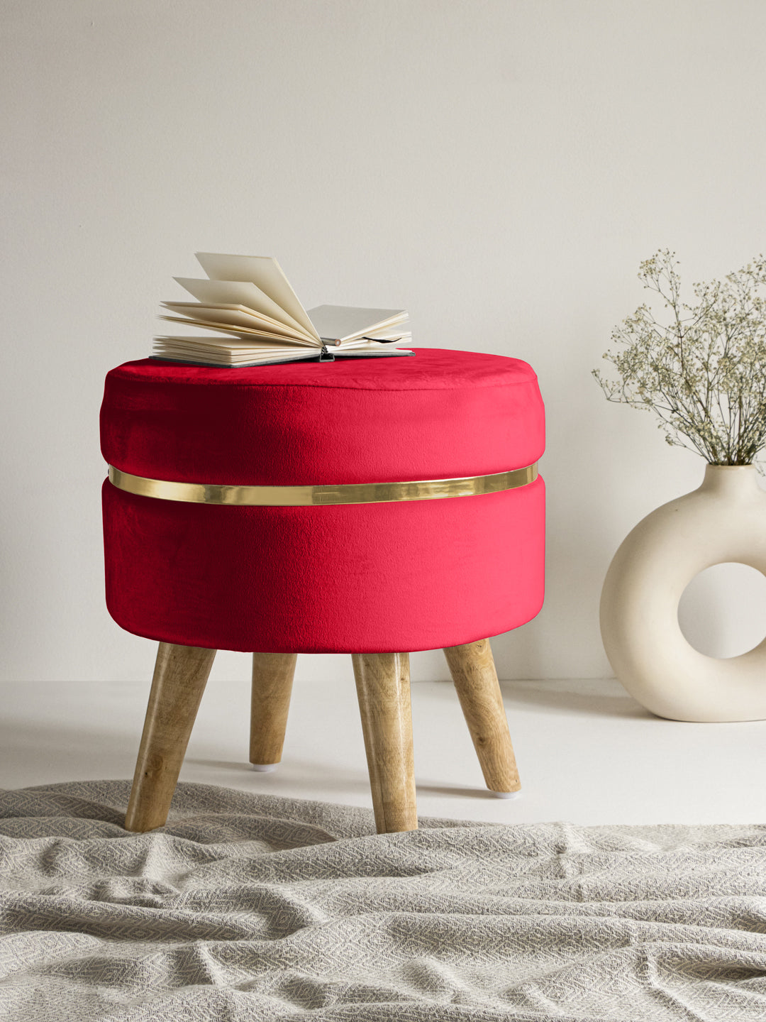 Suede Crismon Red Stool With Golden Ring & Wood Legs