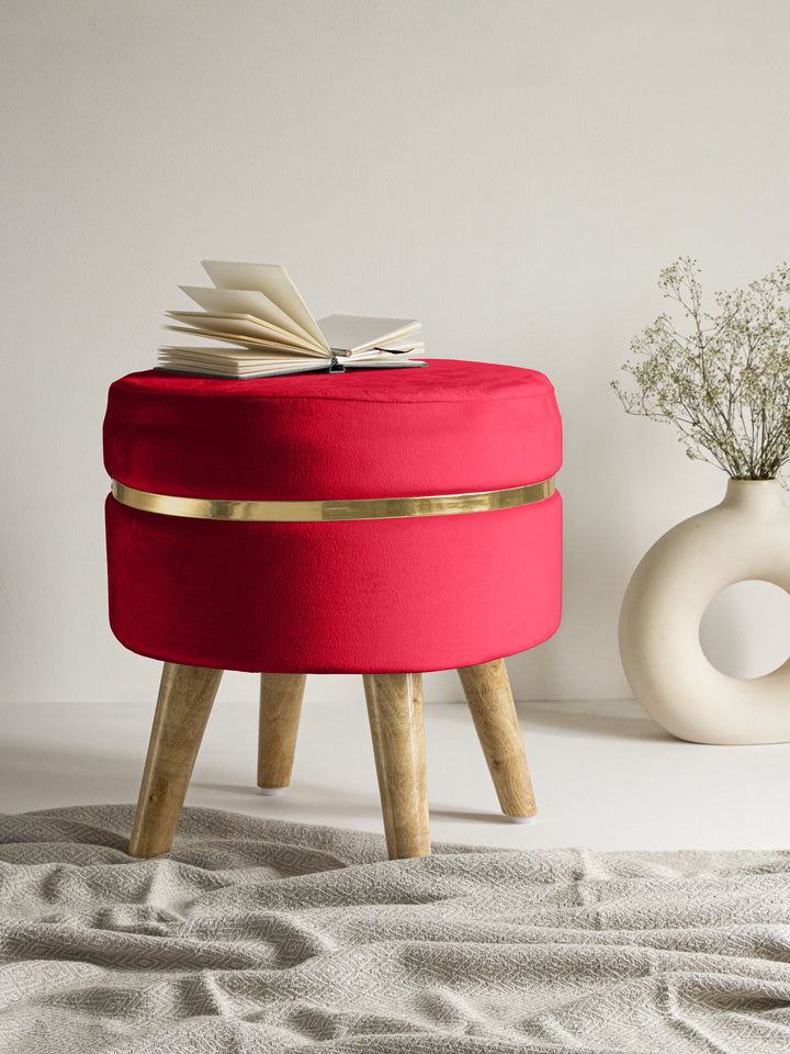 Suede Crismon Red Stool With Golden Ring & Wood Legs