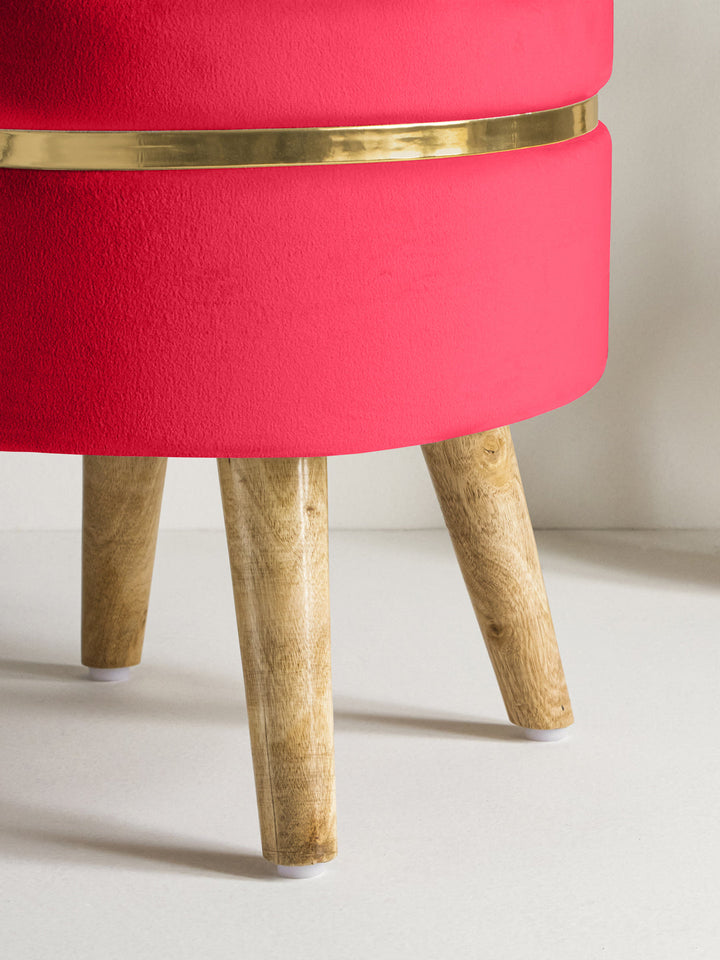 Suede Crismon Red Stool With Golden Ring & Wood Legs