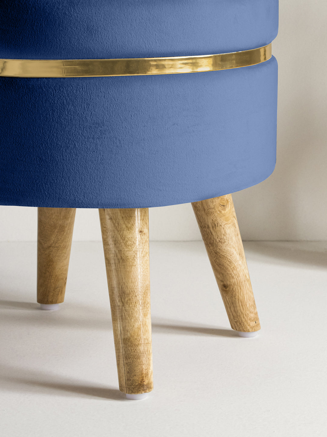 Suede Blue Stool With Golden Ring & Wood Legs