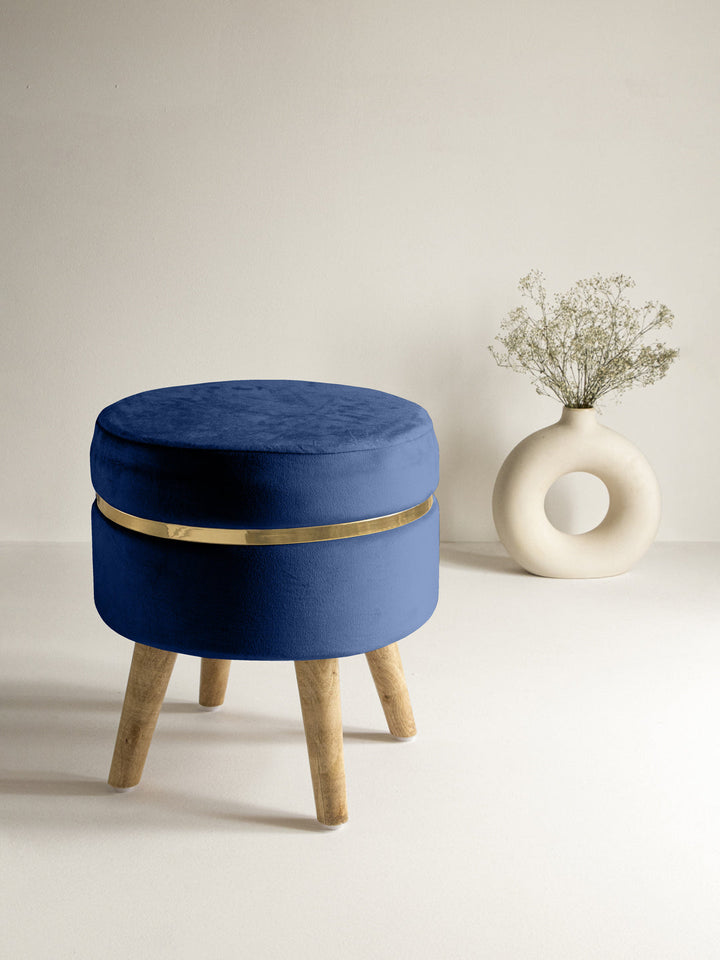 Suede Blue Stool With Golden Ring & Wood Legs