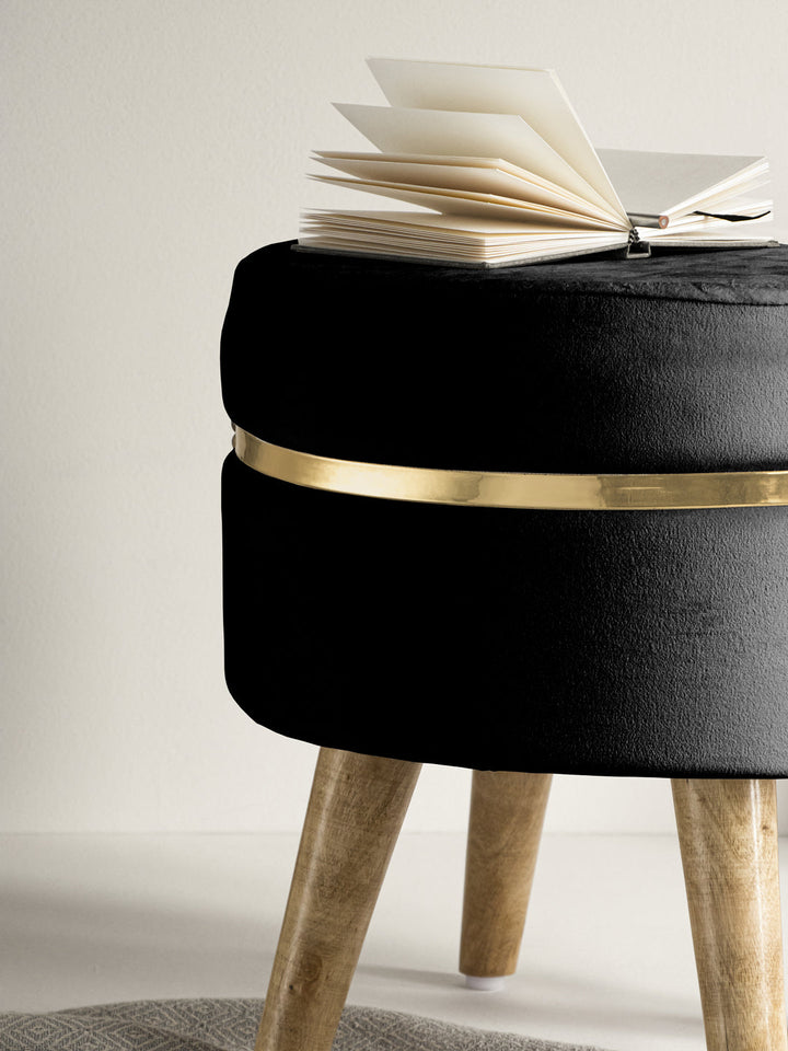 Suede Midnight Black Stool With Golden Ring & Wood Legs