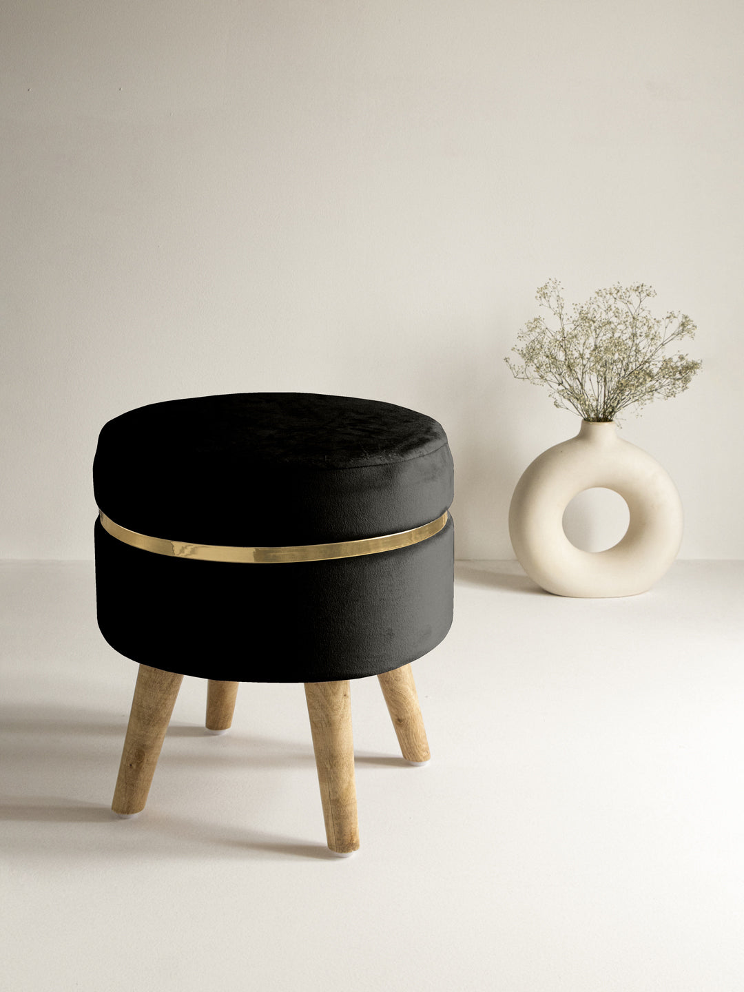 Suede Midnight Black Stool With Golden Ring & Wood Legs