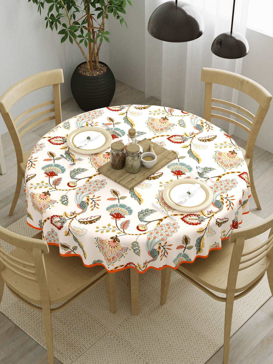 100% Cotton 4 Seater Round Table Cover; 60x60 Inches; Multicolor Peacock